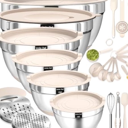 26-Piece Mixing Bowl Set with Lids & Grater Attachments in Khaki