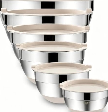 6-Piece Stainless Mixing Bowls with Airtight Lids in Khaki