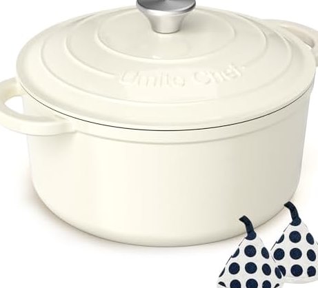 5QT Enameled Cast Iron Dutch Oven with Lid & Potholders in Cream White