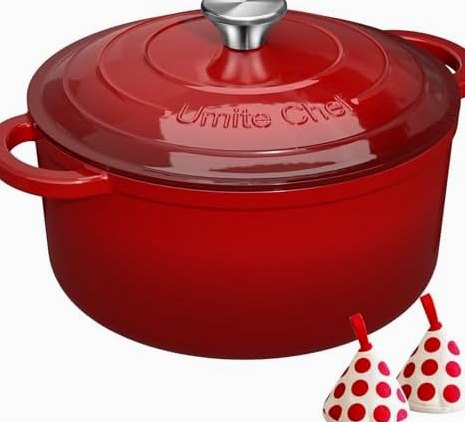 5QT Enameled Cast Iron Dutch Oven with Lid & Potholders in Red