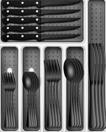 49-Piece Black Flatware Set for 8 with Drawer Organizer in Black