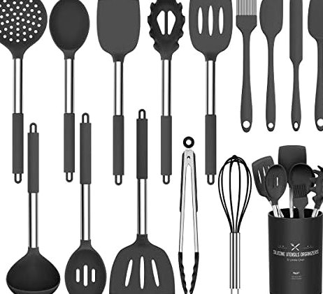 15-Piece Silicone Utensil Set, Stainless Steel Handles in Black