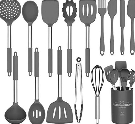 15-Piece Silicone Utensil Set, Stainless Steel Handles in Gray