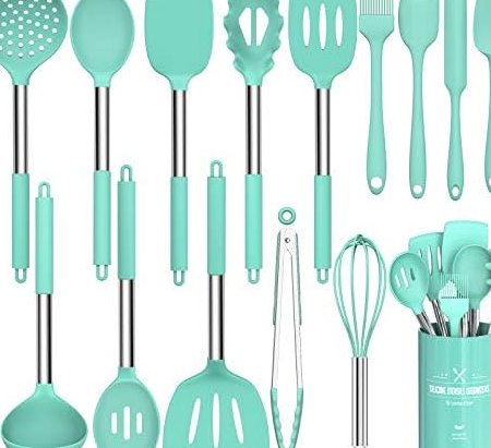 15-Piece Silicone Utensil Set, Stainless Steel Handles in Green