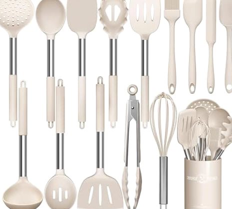 15-Piece Silicone Utensil Set, Stainless Steel Handles in Khaki
