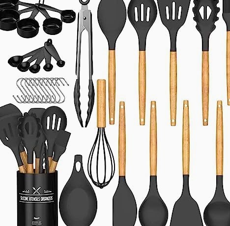 33-Piece Silicone Utensil Set with Holder, Wooden Handles in Black