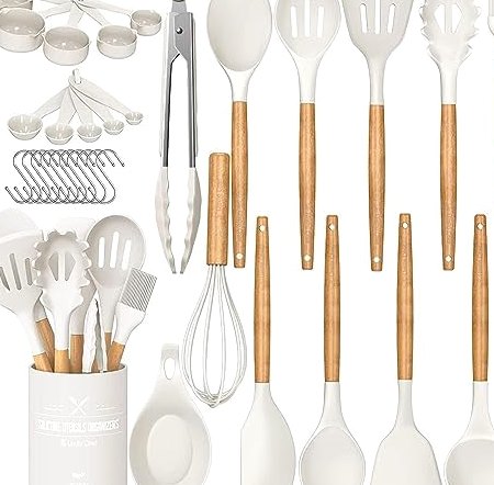 33-Piece Silicone Utensil Set with Holder, Wooden Handles in Cream White