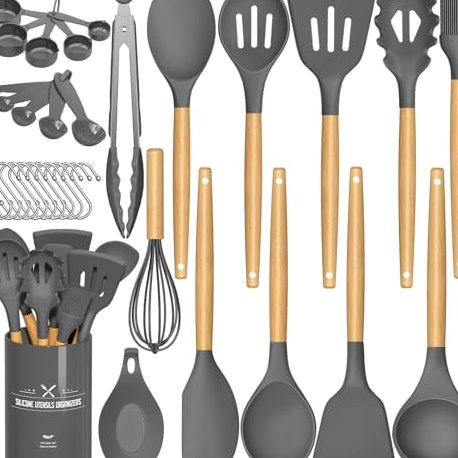 33-Piece Silicone Utensil Set with Holder, Wooden Handles in Gray