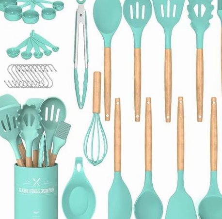33-Piece Silicone Utensil Set with Holder, Wooden Handles in Green
