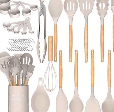 33-Piece Silicone Utensil Set with Holder, Wooden Handles in Khaki