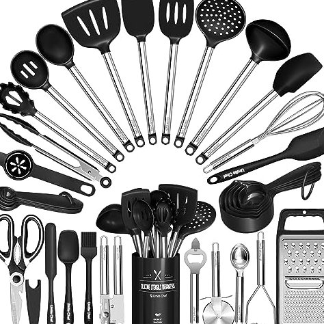 34-Piece Utensil Set with Grater, Stainless Steel Handles in Black