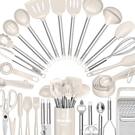 34-Piece Utensil Set with Grater, Stainless Steel Handles in Khaki