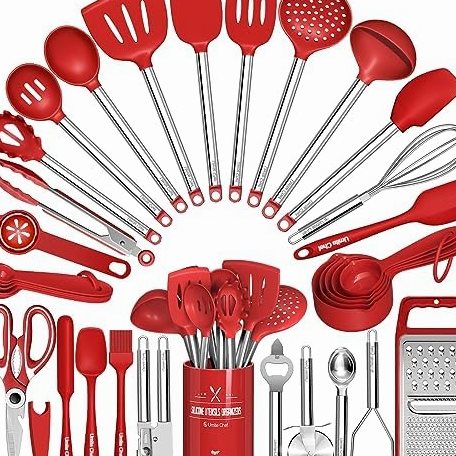 34-Piece Utensil Set with Grater, Stainless Steel Handles in Red