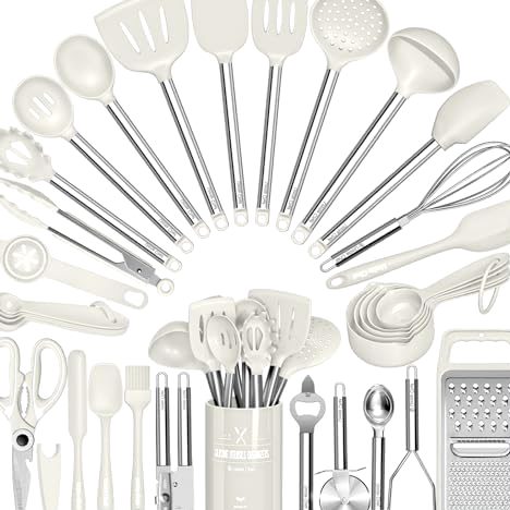 34-Piece Utensil Set with Grater, Stainless Steel Handles in White