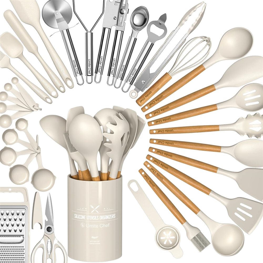 34-Piece Thickened Silicone Set, Steel Core, Wood Handles