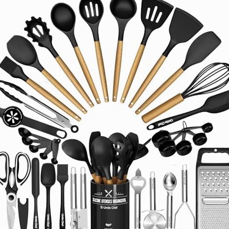 34-Piece Thickened Silicone Set, Steel Core, Wood Handles in Black