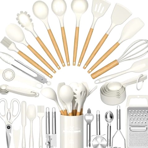 34-Piece Thickened Silicone Set, Steel Core, Wood Handles in Cream White