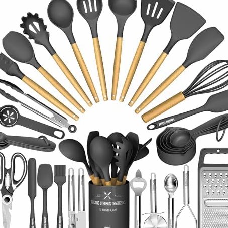 34-Piece Thickened Silicone Set, Steel Core, Wood Handles in Dark Gray