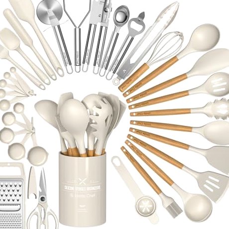 34-Piece Thickened Silicone Set, Steel Core, Wood Handles in Khaki
