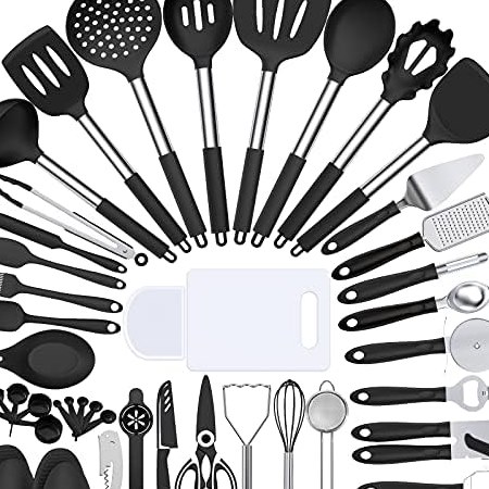 43-Piece Silicone Utensil Set, Stainless Steel Handles in Black