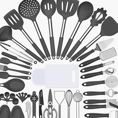 43-Piece Silicone Utensil Set, Stainless Steel Handles in Gray
