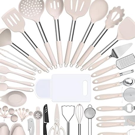 43-Piece Silicone Utensil Set, Stainless Steel Handles in Khaki
