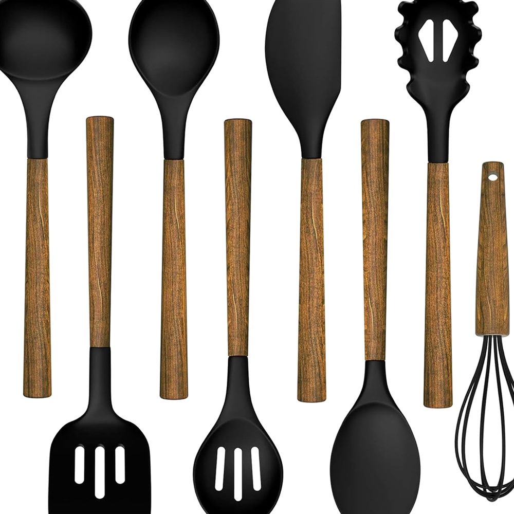8-Piece Silicone Utensil Set, Natural Acacia Wood Handles