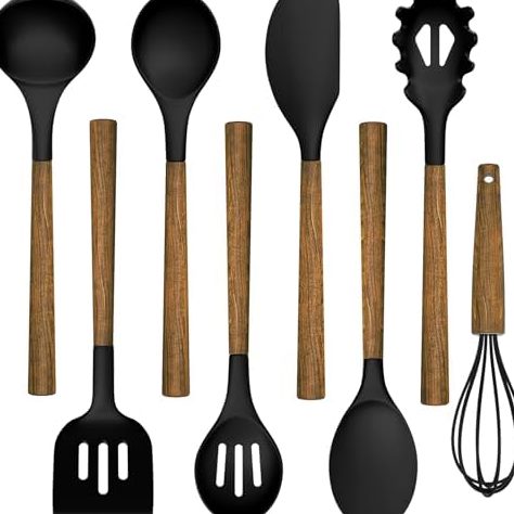 8-Piece Silicone Utensil Set, Natural Acacia Wood Handles in Black