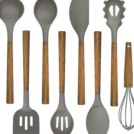 8-Piece Silicone Utensil Set, Natural Acacia Wood Handles in Gray