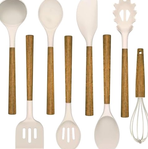 8-Piece Silicone Utensil Set, Natural Acacia Wood Handles in Khaki
