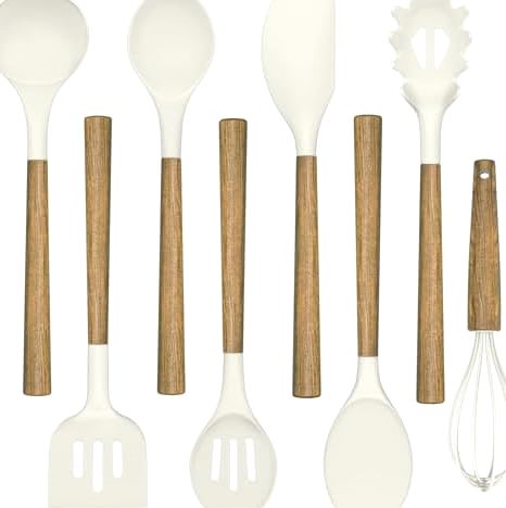 8-Piece Silicone Utensil Set, Natural Acacia Wood Handles in White